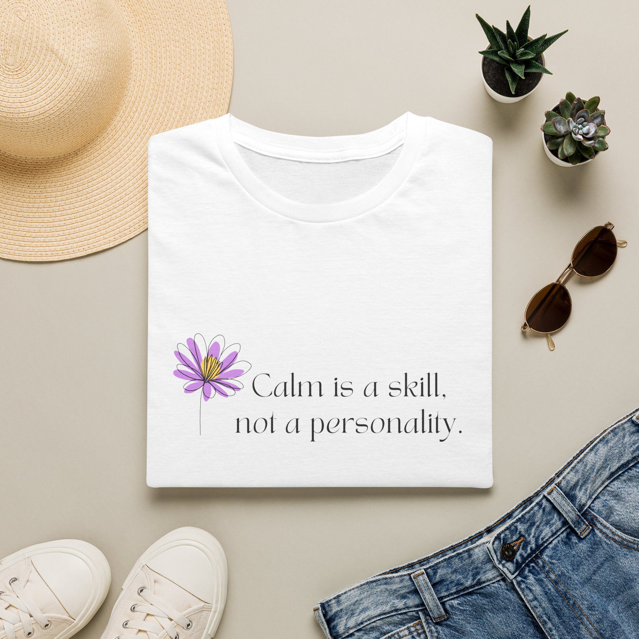 T-Shirt — "Calm is a skill, not a personality." Floral Minimalist Tee