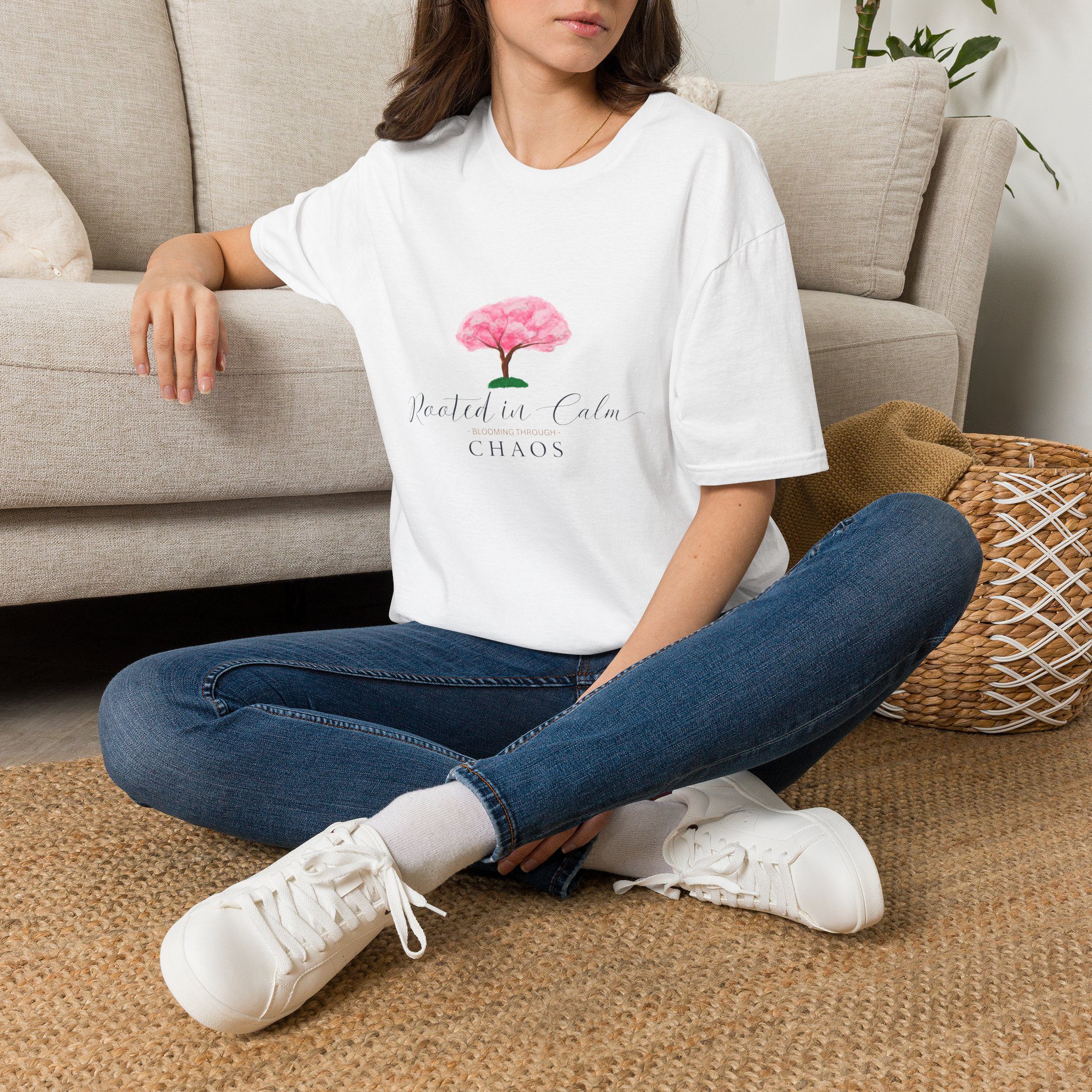 Pink Cherry Blossom Tree Tee — 'Planted in Calm, Growing in Chaos' Floral T-Shirt - Image 2