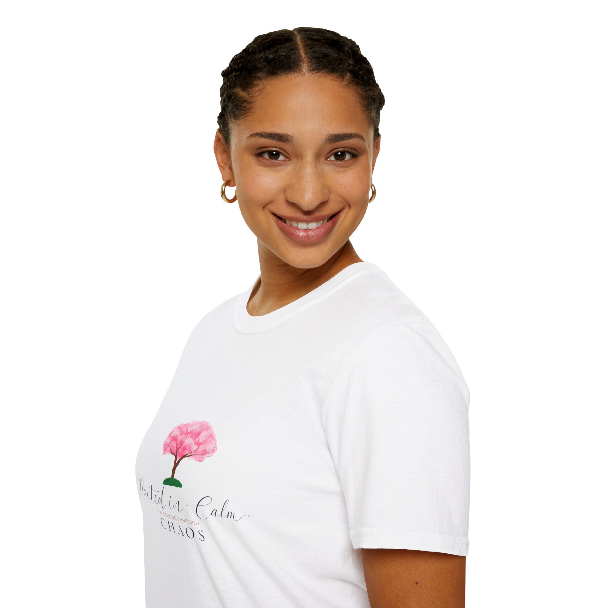 Pink Cherry Blossom Tree Tee — 'Planted in Calm, Growing in Chaos' Floral T-Shirt - Image 4